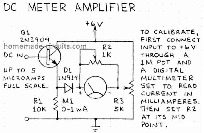 single transistor DC meter amplifier circuit