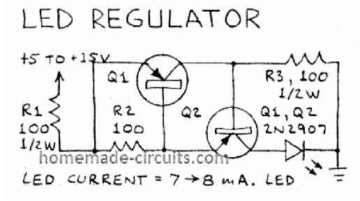 LED voltage and current regulator circuit using transistors