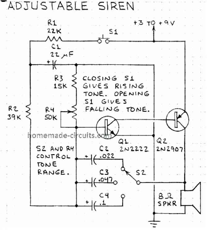 adjustable siren circuit using two transistors