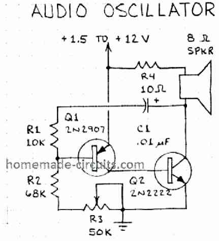 audio oscillator circuit using two transistors
