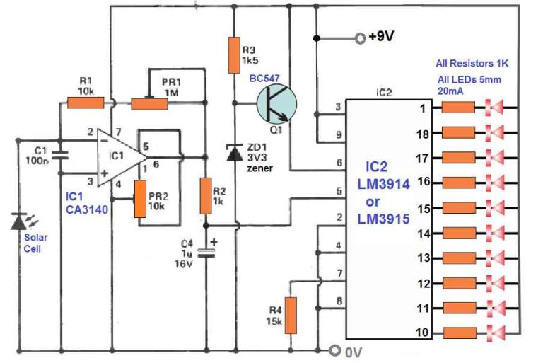 Light Meter Circuit with LED Bar Graph Circuit Diagram