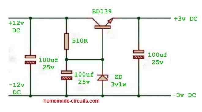 voltage regulator circuit using emitter follower topology, 12V to 3V