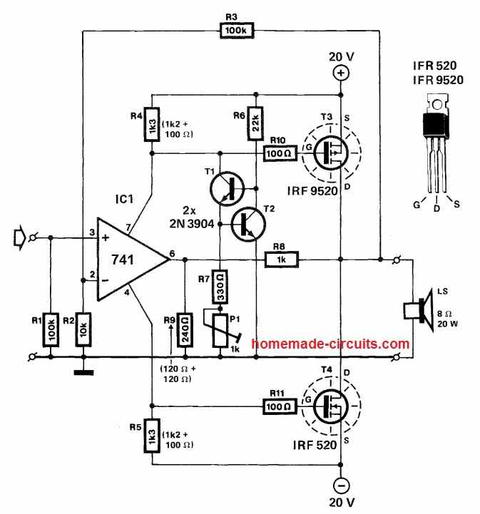 power amplifier circuit using IC 741 and MOSFET