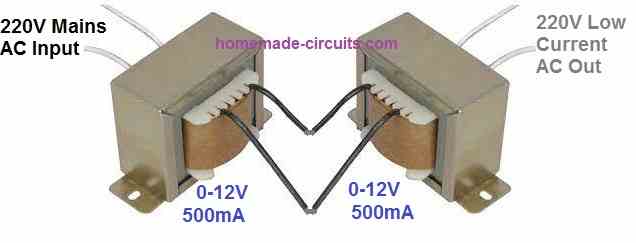 simple 600 V fence charger setup using two back to back transformers