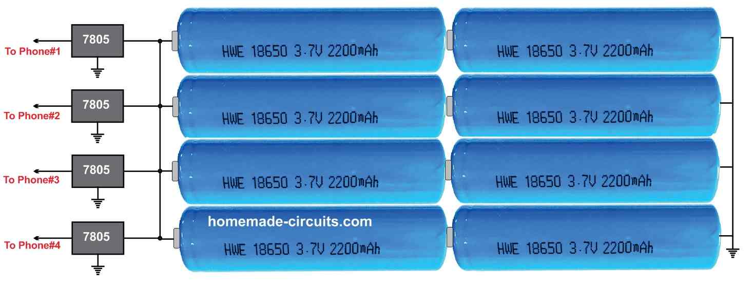 power bank circuit for charging 4 cellphones together