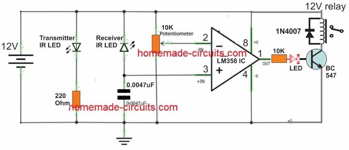 Proximity Detector circuit using LM358 op amp