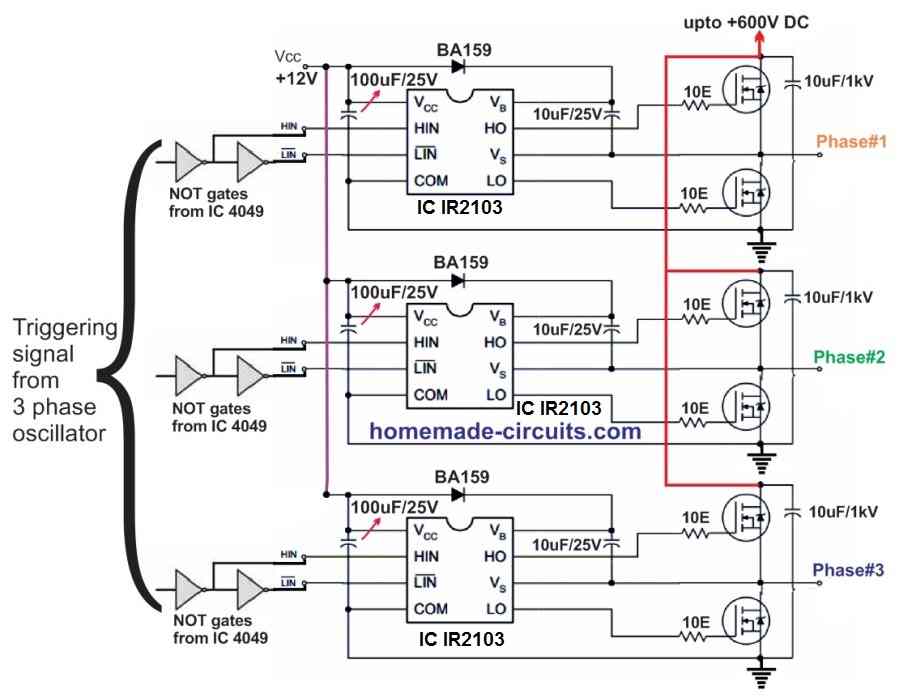 3 phase inverter circuit using IC IR2103