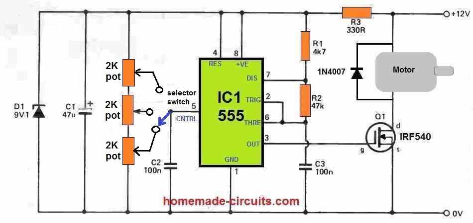 3 range DC motor speed controller circuit