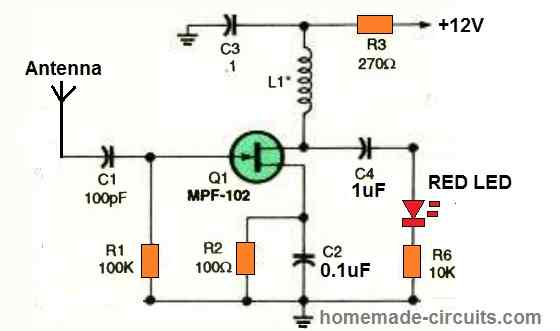 100 MHz RF Detector circuit diagram using FET