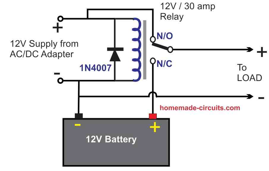 battery to AC DC adaptor relay changeover circuit