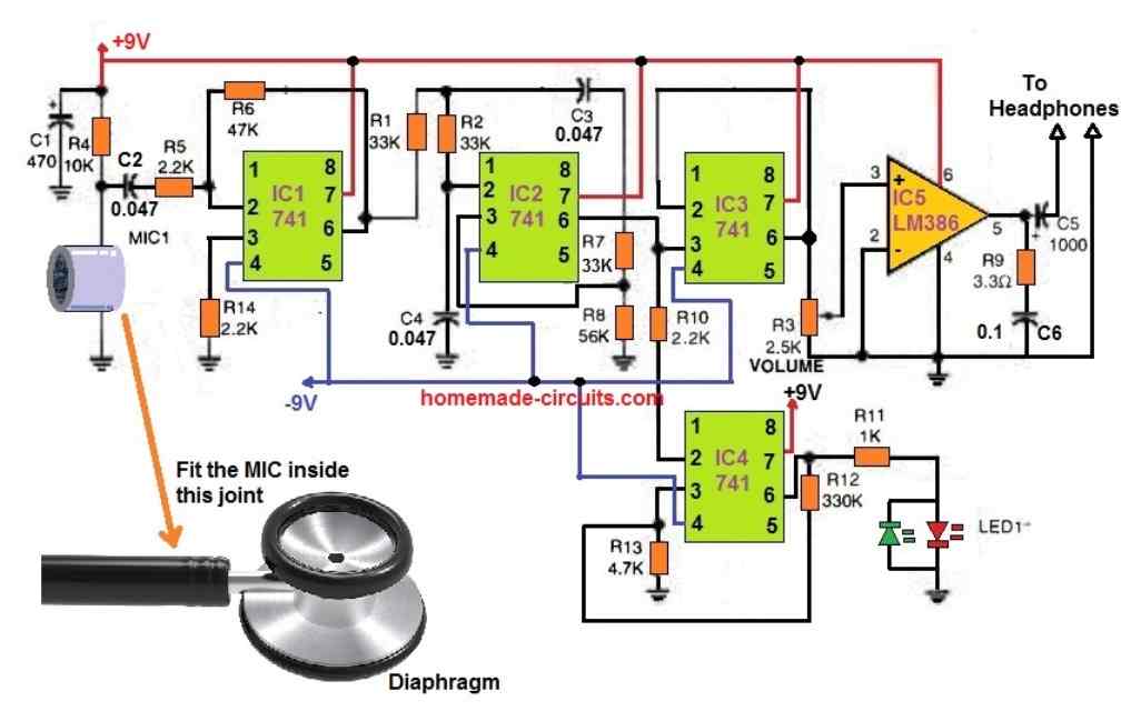stethoscope amplifier circuit using IC 741 and IC LM386