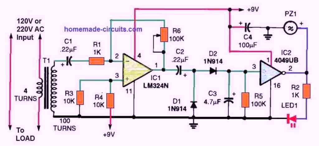 AC current monitor circuit current transformer and Lm324 IC