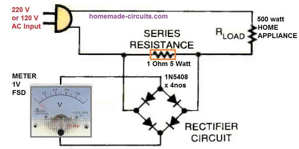 AC Ammeter Circuit for Measuring Current across 220 V Appliances