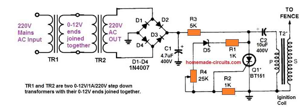 SCR and transformer based fence charger circuit diagram