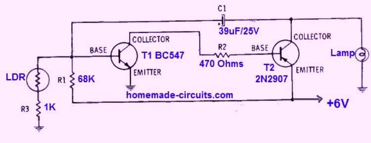 two transistor Darkness Detected Lamp Flasher Circuit
