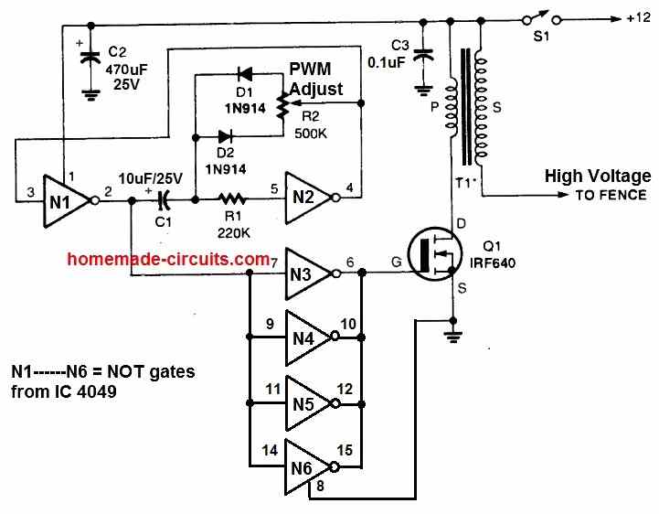 fence charger circuit using MOSFET and ignition coil