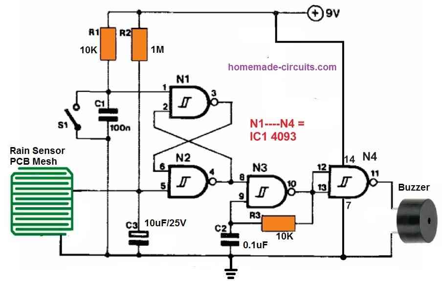 IC 4093 rain sensor circuit