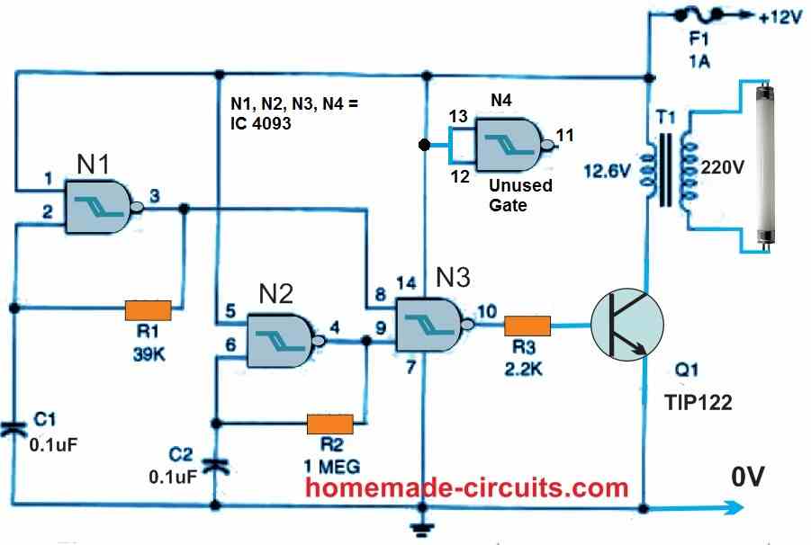 IC 4093 Fluorescent Flasher Circuit