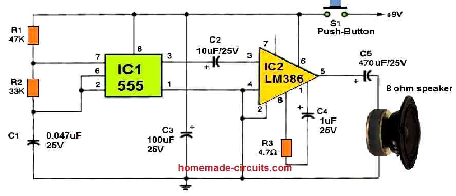 high power buzzer circuit diagram using loudspeaker.