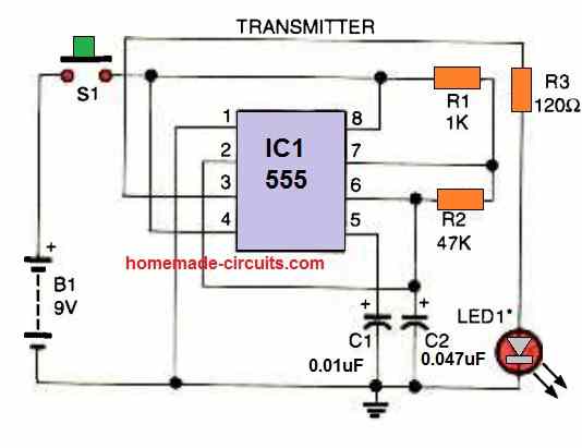 IC 555 Infrared (IR) Remote Control transmitter Circuit
