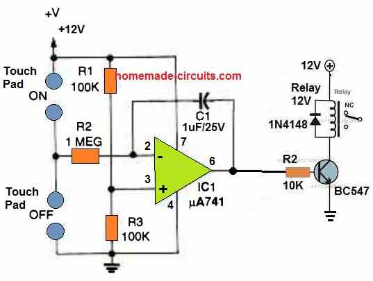 single IC 741 based flip flop circuit with relay