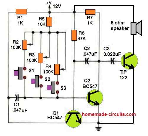 simple 3 transistor electronic organ circuit