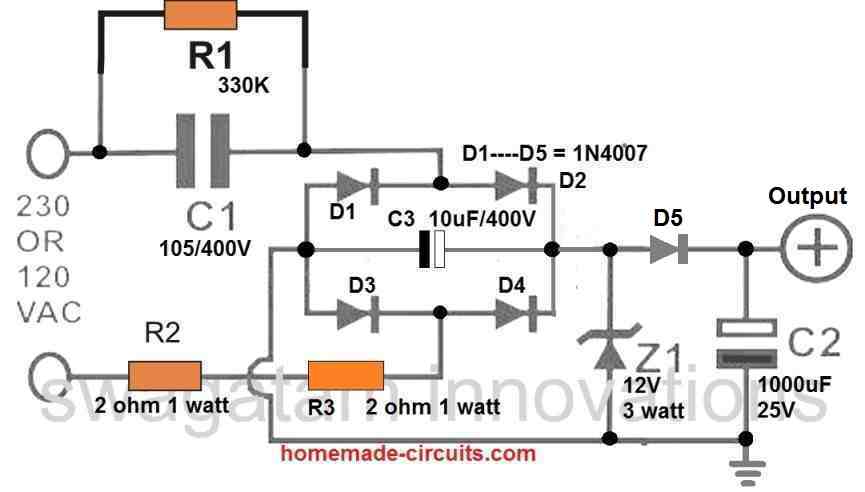 regulated transformerless power supply circuit diagram with low dissipation zener diode