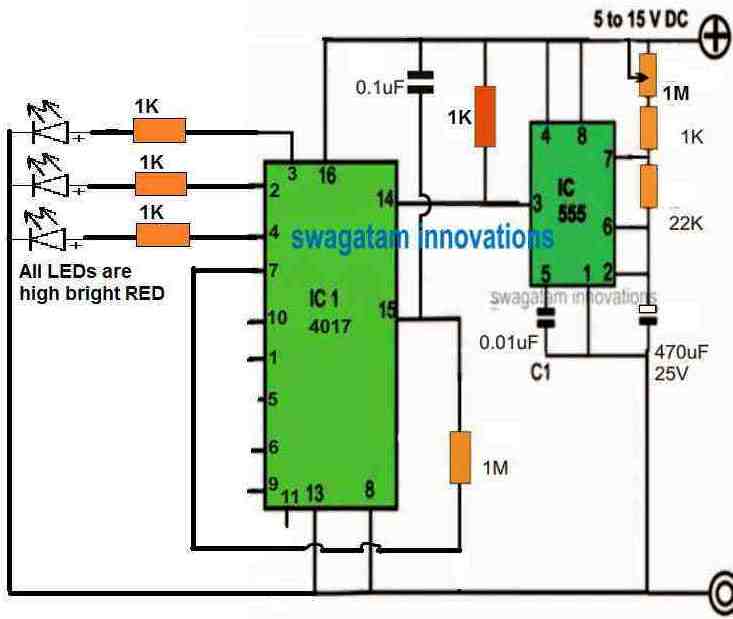 police beacon light circuit using 3 RED LEDs