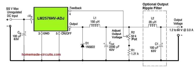 0 to 50 V Adjustable Switching Power Supply Circuit Diagram using IC LM2576