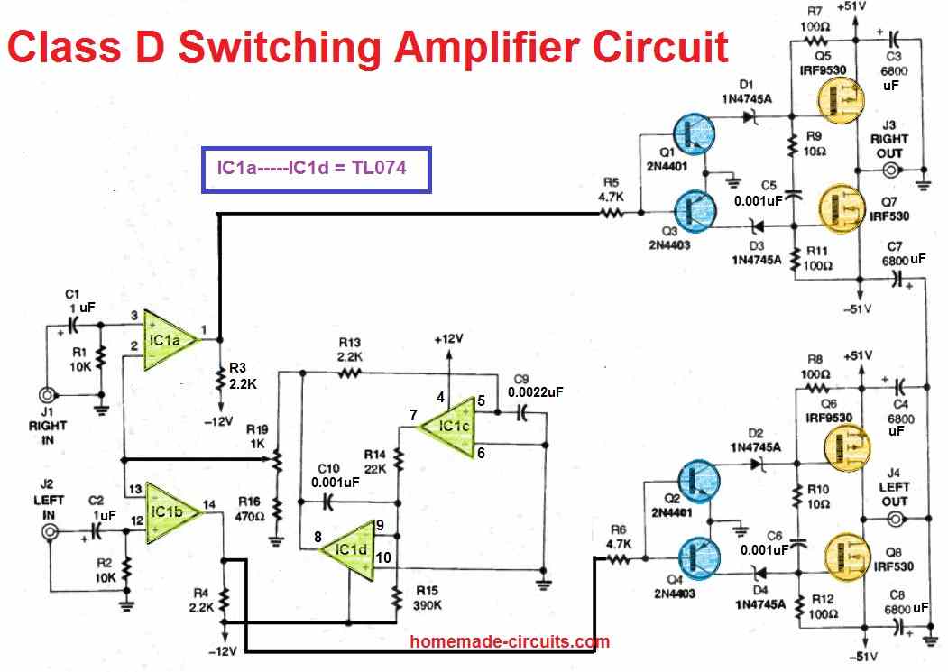 class D amplifier circuit using op amp TL071