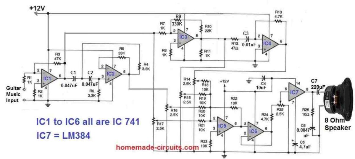 Guitar Amplifier Circuit with Fuzz Effect and Treble Booster