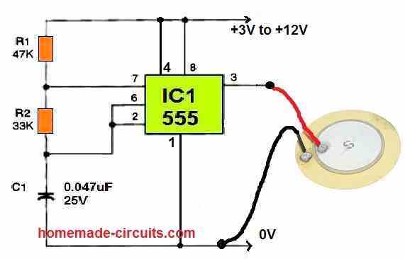 simple piezo buzzer driver using IC 555