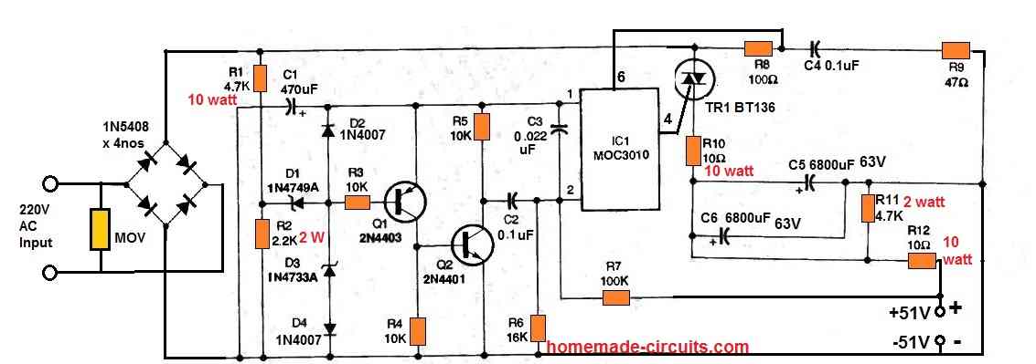 50V transformerless power supply circuit using triac and MOC3010