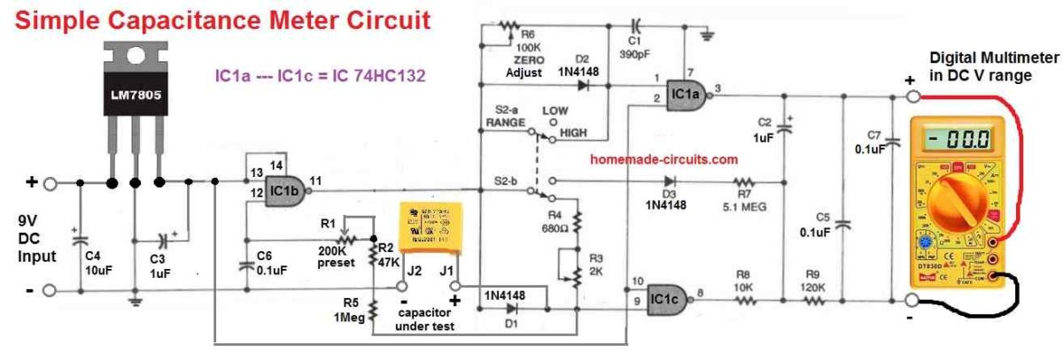 Capacitance Meter Circuit using IC 74HC132