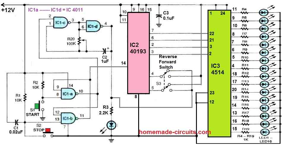 16 LED reverse forward or up down LED chaser circuit