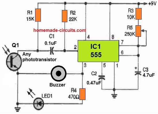 IR remote tester circuit using IC 555 with buzzer