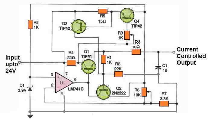 Adjustable Current Controller Circuit Diagram using IC 741