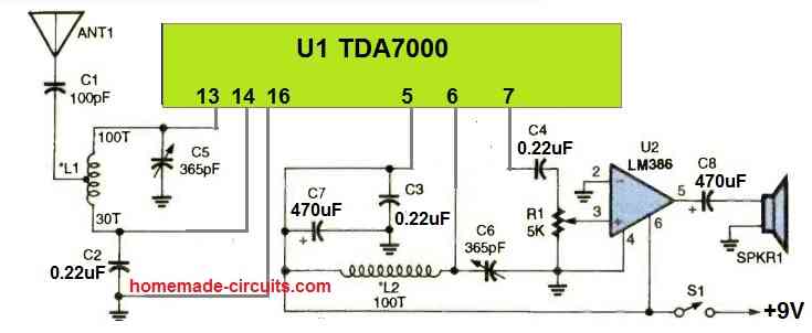 single IC FM radio circuit using IC TDA7000