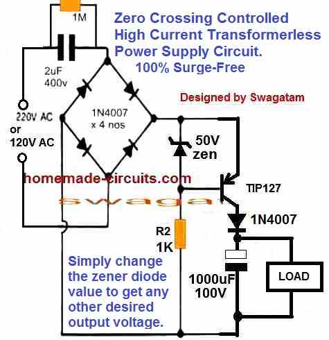 Zero Crossing Controlled High Current Transformerless Power Supply Circuit