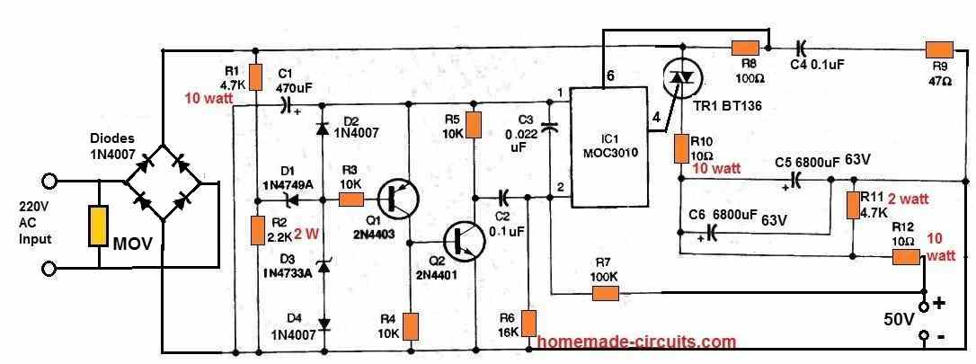 zero crossing controlled regulated transformerless power supply circuit diagram using MOC3010 IC