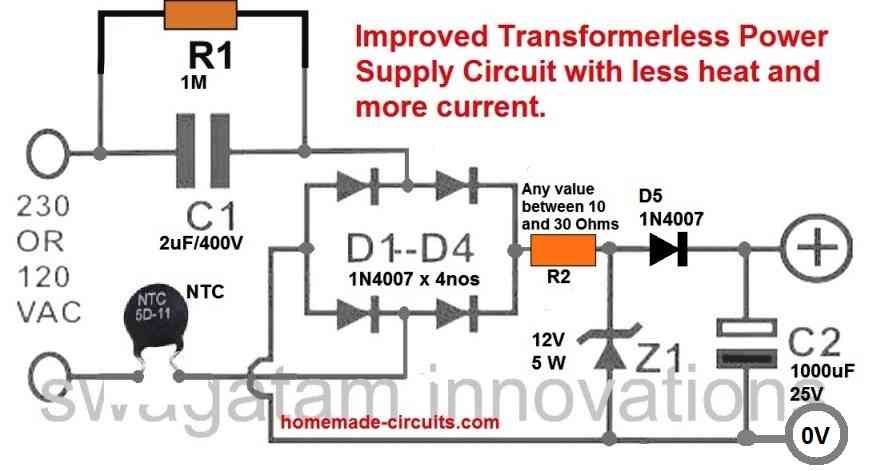 regulated transformerless power supply circuit diagram with NTC thermistor