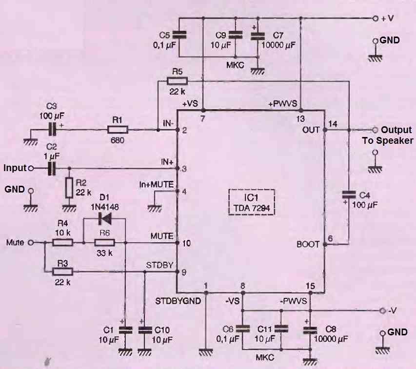 IC TDA7294 100 watt amplifier circuit