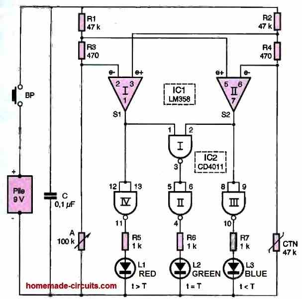 3 LED temperature indicator circuit diagram