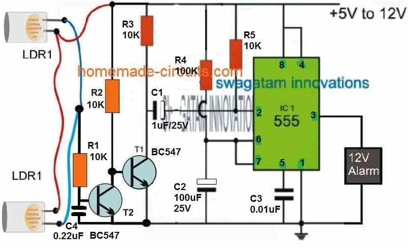 laser controlled alarm circuit using two LDRs