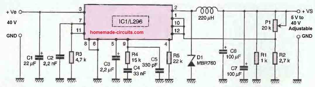 L296 high current adjustable switching power supply circuit