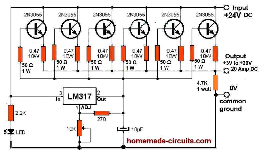 LM317 with 2N3055 emitter followers for high current generation