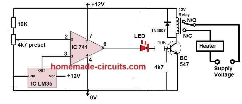 LM35 temperature controller circuit with relay