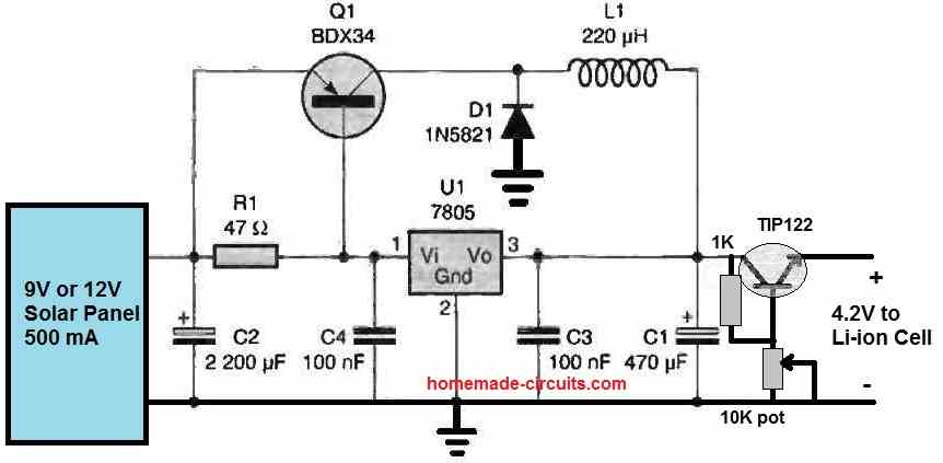 solar battery charger using 7805 switching regulator