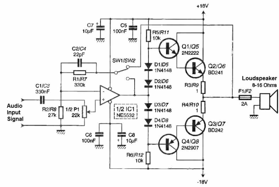 10 watt stereo amplifier circuit