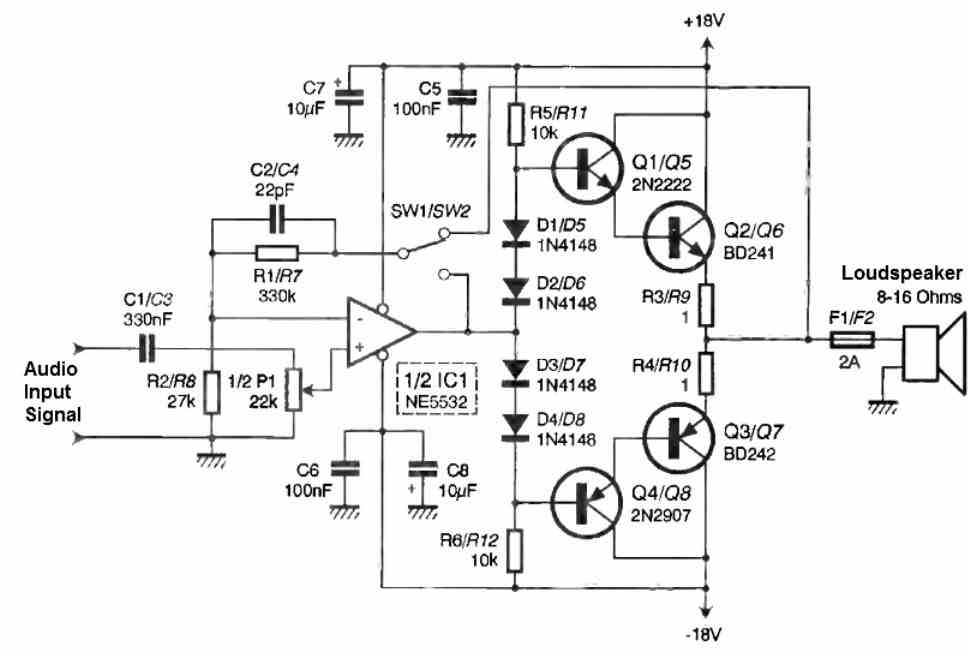 10 watt stereo amplifier circuit Diagram